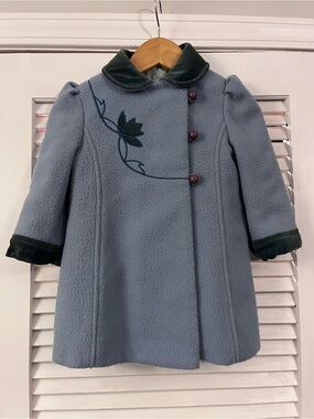 VintageTailored by Cute Togs Blue Floral-Embroidered Coat with Velvet Trim